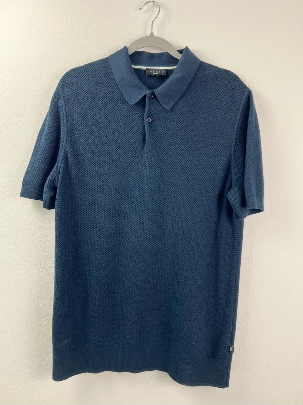 Ted Baker London Navy Textured Knit Resort Vacation Short Sleeve Polo Shirt - Picture 2 of 13